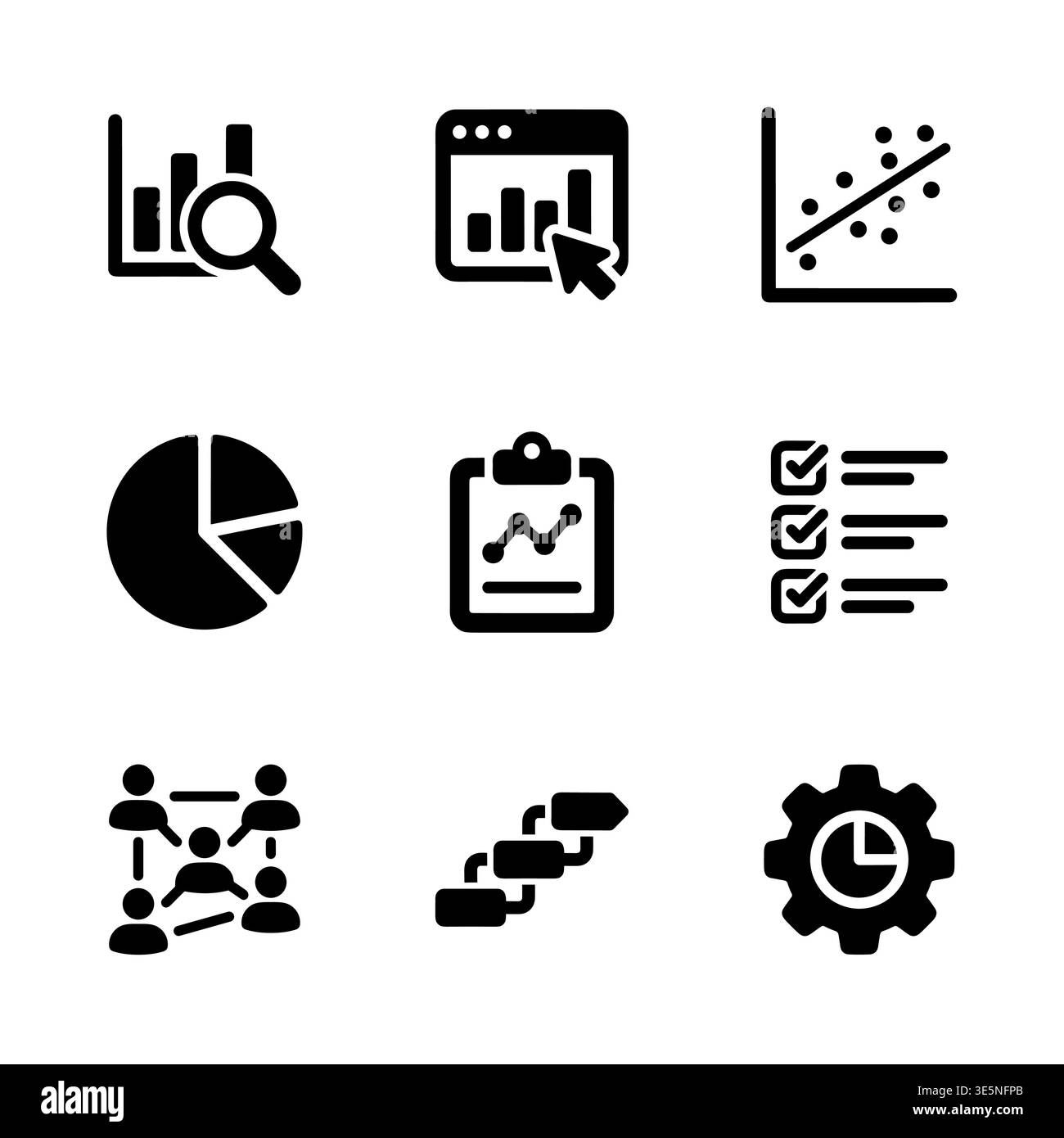 Data analytics and business intelligence glyph vector icons set Stock Vector