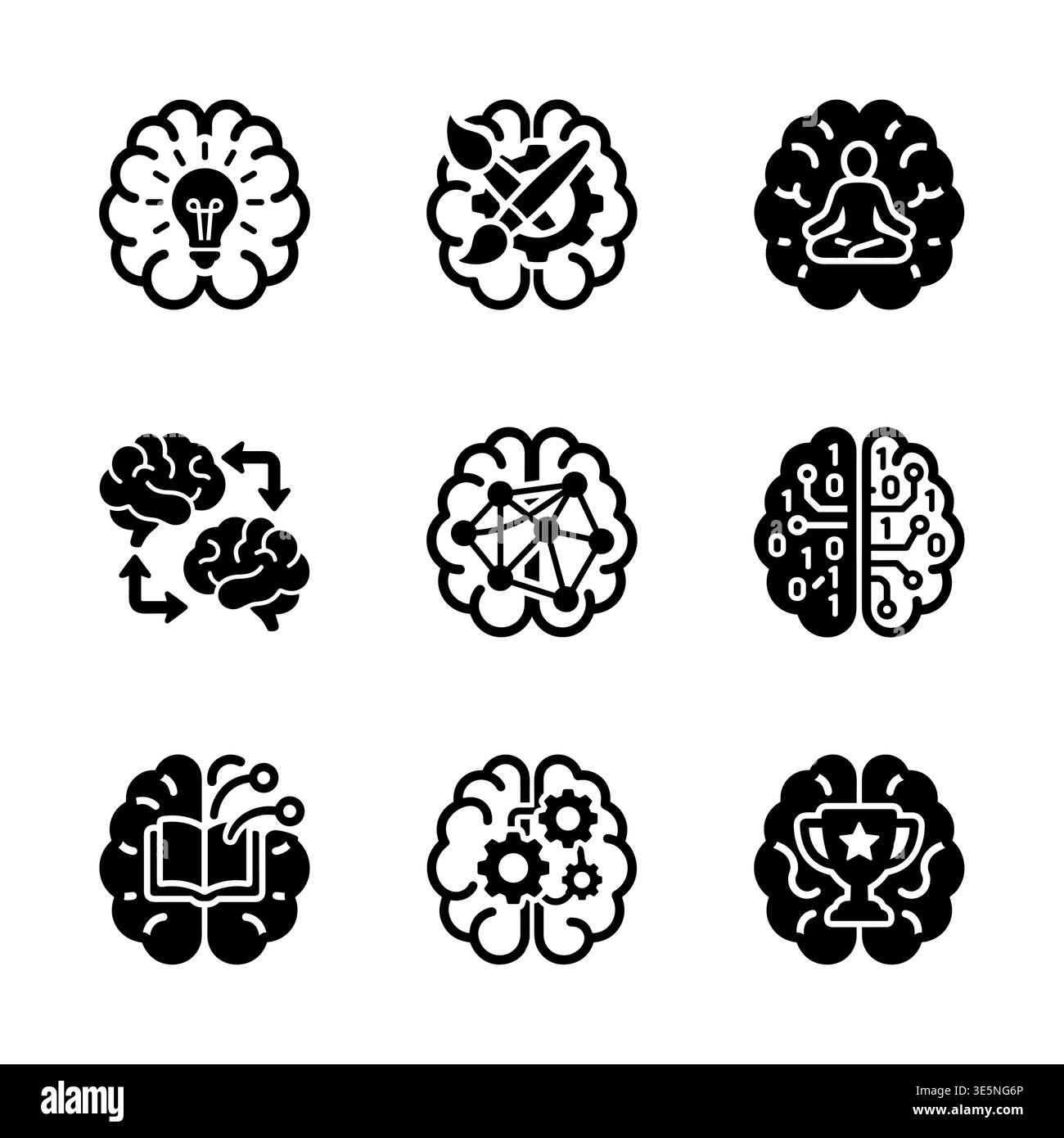 Brain icons set representing different thinking processes in simple style Stock Vector