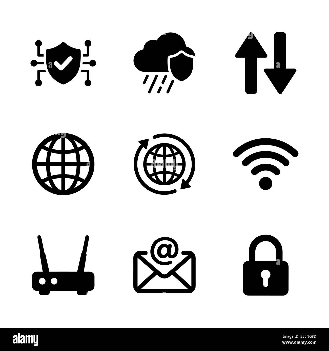 Black silhouette internet security and connection vector icon set Stock Vector