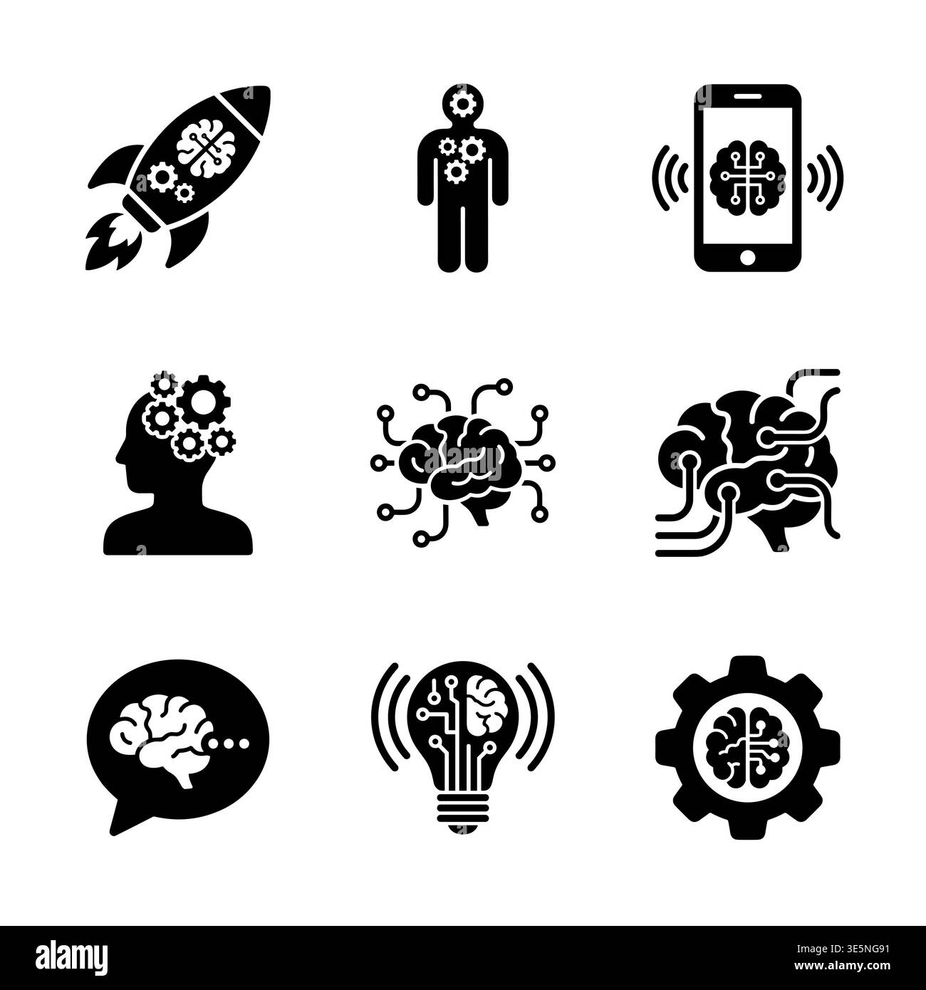 Artificial intelligence vector icons set, innovative technology black symbols Stock Vector