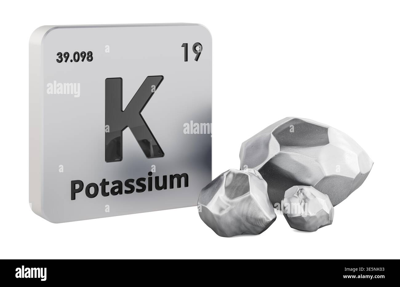 Peices Element Potassium element tile with K symbol and potassium pieces. 3D rendering ...