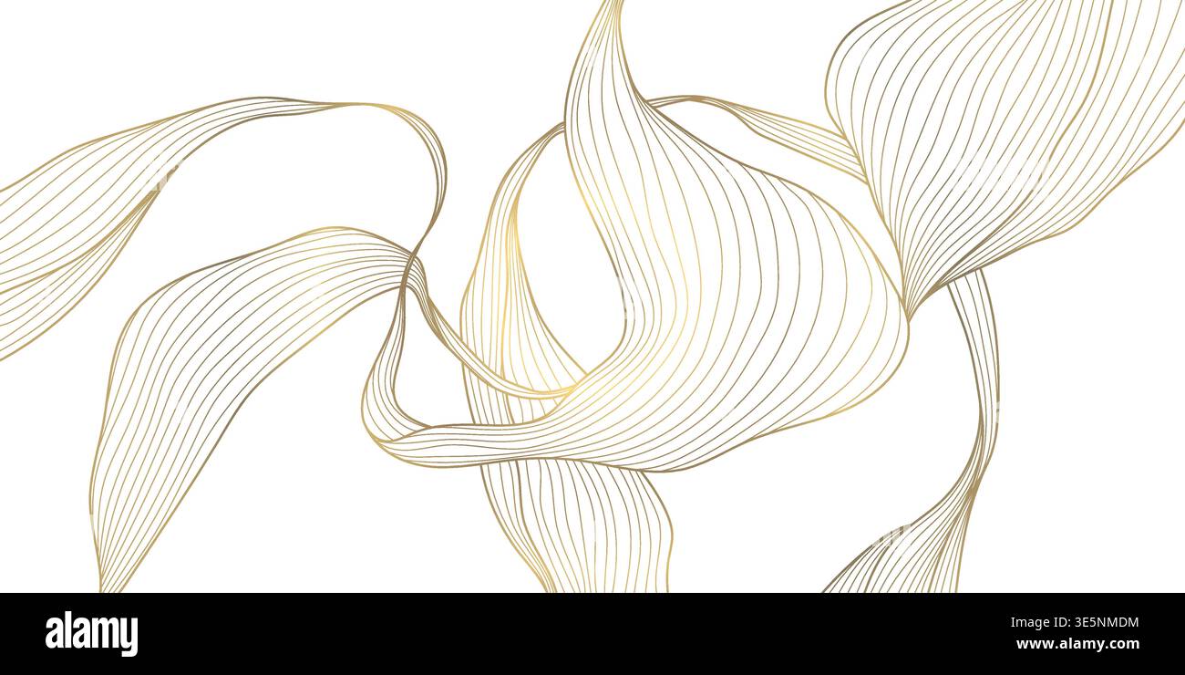 Luxury abstract gold floral line pattern on white background, elegant leaves, flowers, flowing abstract waves. Modern vector illustration, Japanese Stock Vector