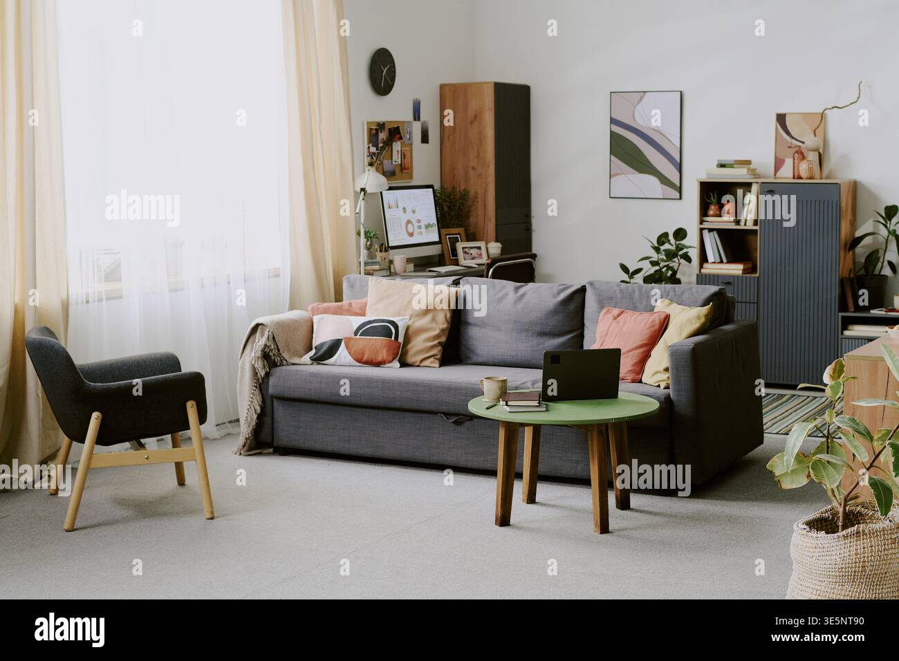 Modern Home Office Living Room Supporting Remote Work Setup Stock Photo