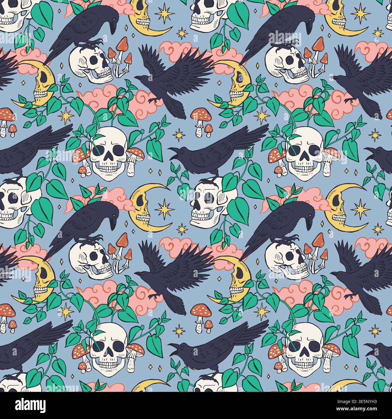 Seamless pattern with hand drawn inky ravens or crows sitting on human skulls Stock Vector