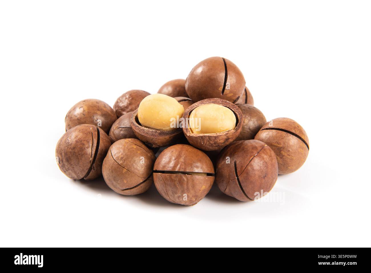 Macadamia nuts displaying whole and shelled kernels on a white background Stock Photo