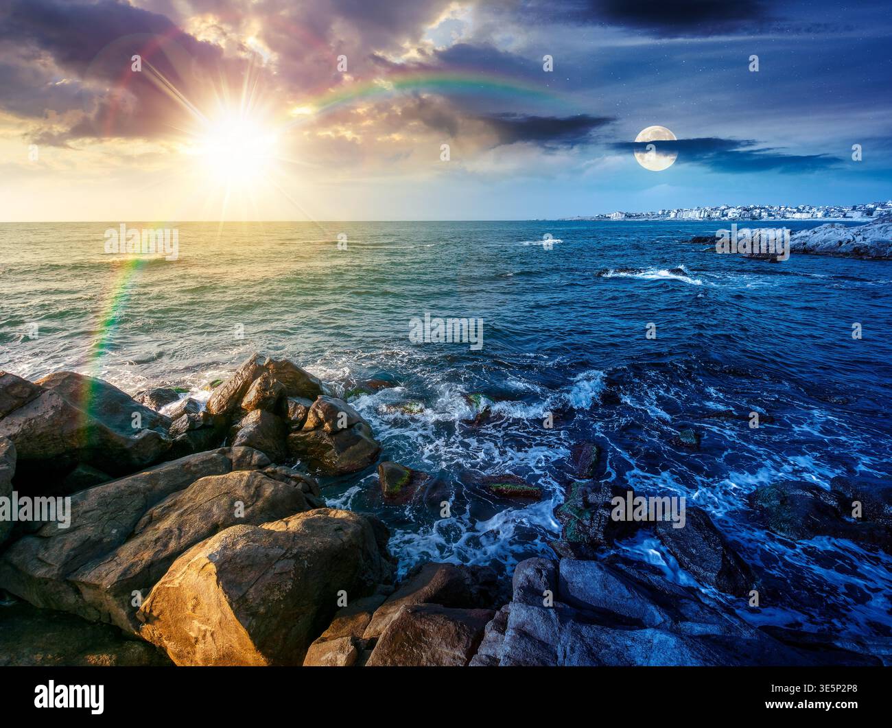 day meet night. sea coast with stones and boulders. view of beach with rock in seaweed. sun and moon on epic sky above horizon. autumn equinox harmony Stock Photo