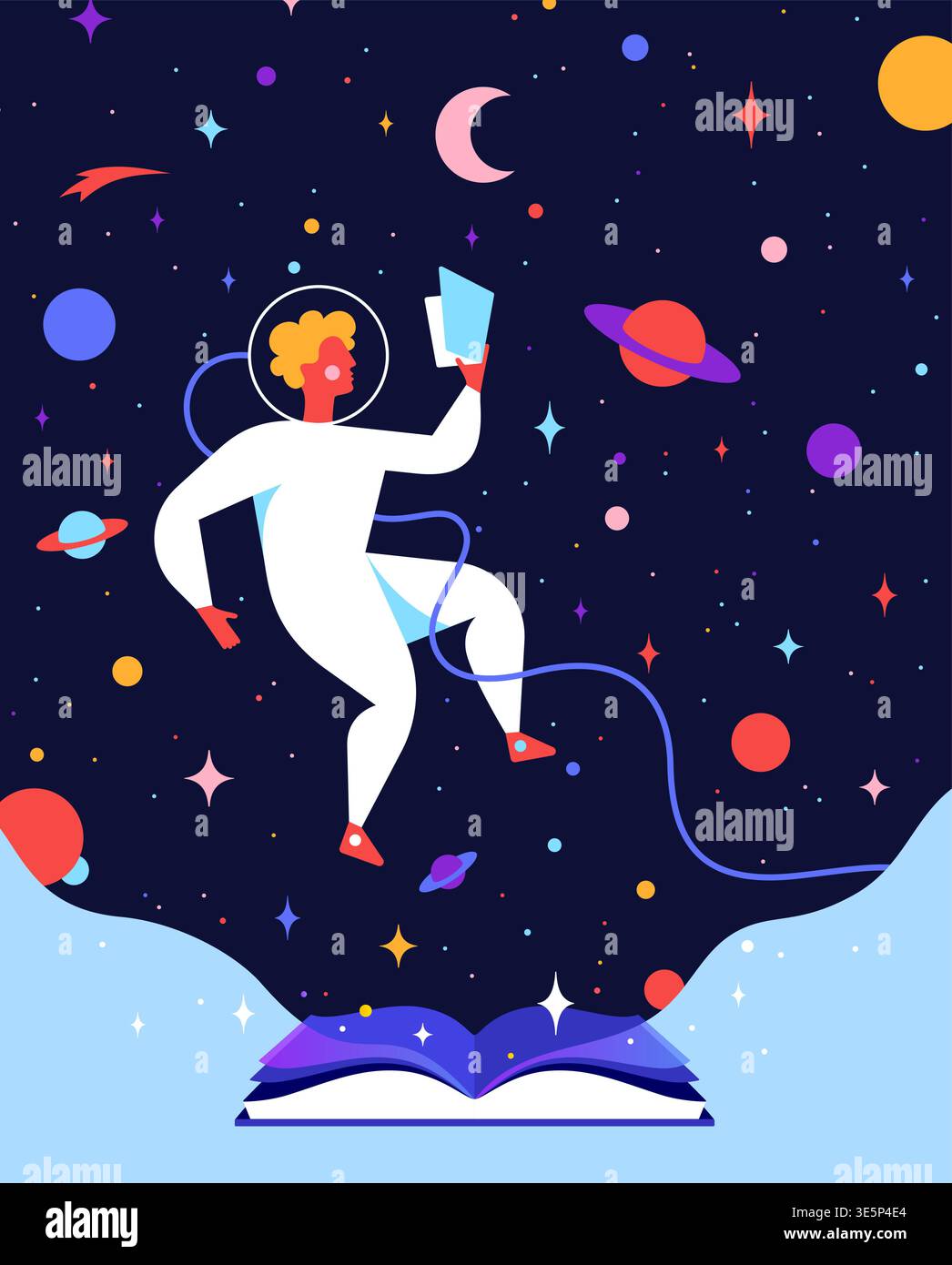 Magic space book astronaut reading concept Stock Vector