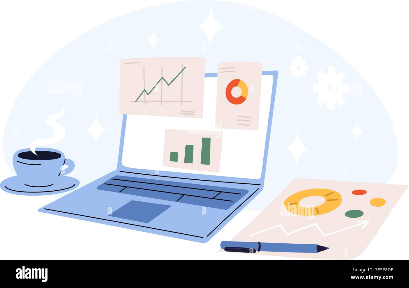 Laptop with growth charts or pie graphs. Data analysis. Investment ...