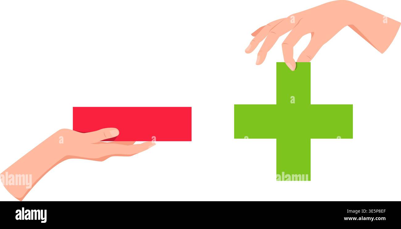Hands holding plus and minus signs. Pros and cons. Positive and ...