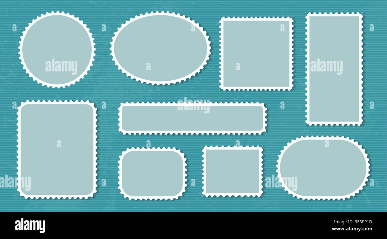 Postage stamp blank vector template collection. Mockup letter elements for postal correspondence design. Perforated edges rectangular square, circulal Stock Vector