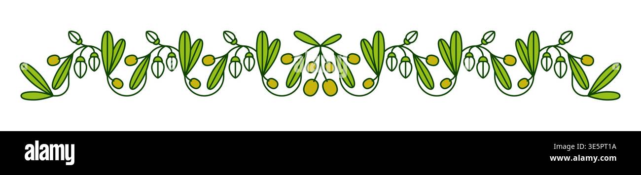 Olive divider, separator and border frame with branches, leaves and fruits. Vector horizontal greenery garland with Mediterranean olive harvest motif. Decorative natural plant isolated floral ornament Stock Vector