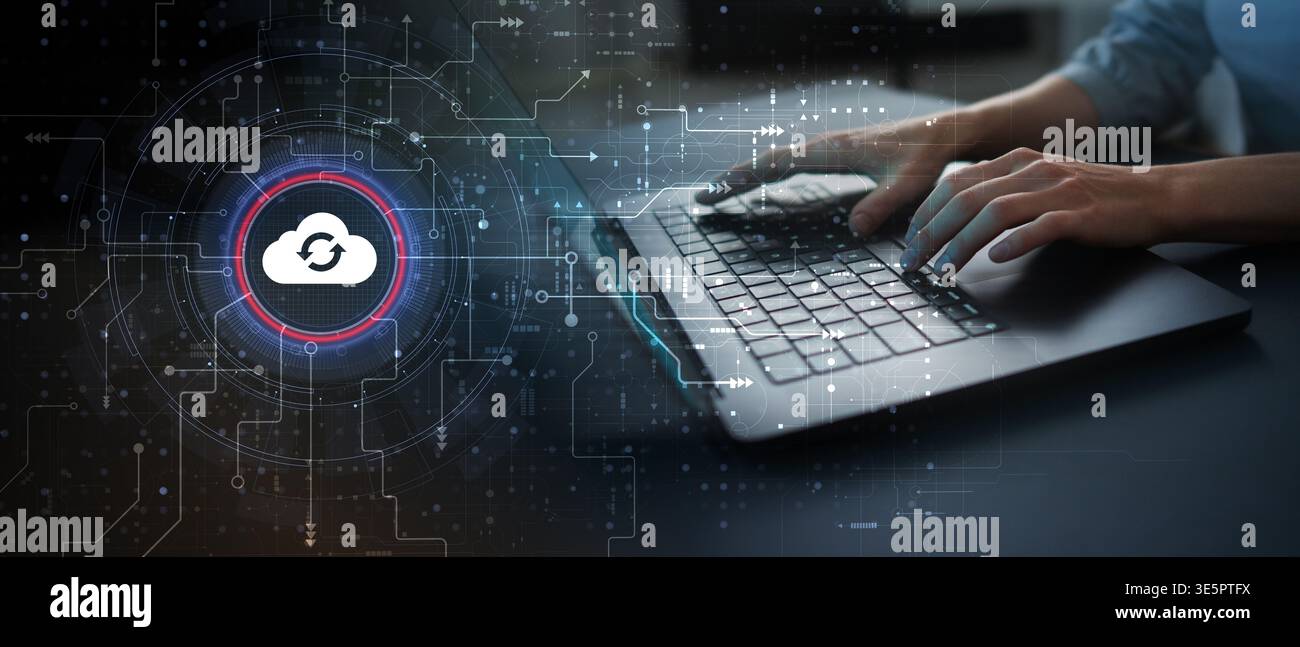 Cloud Computing and Data Synchronization Technology Illustrated on Futuristic Digital Interface. Stock Photo