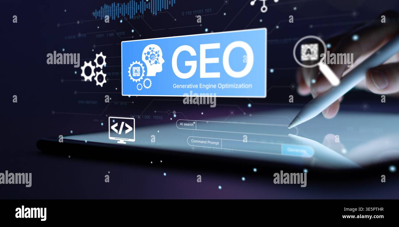 GEO AI Optimization Platform with Generative Engine Interface Search Prompt Automation Analytics and Interactive Tablet Stylus System Technology. Stock Photo