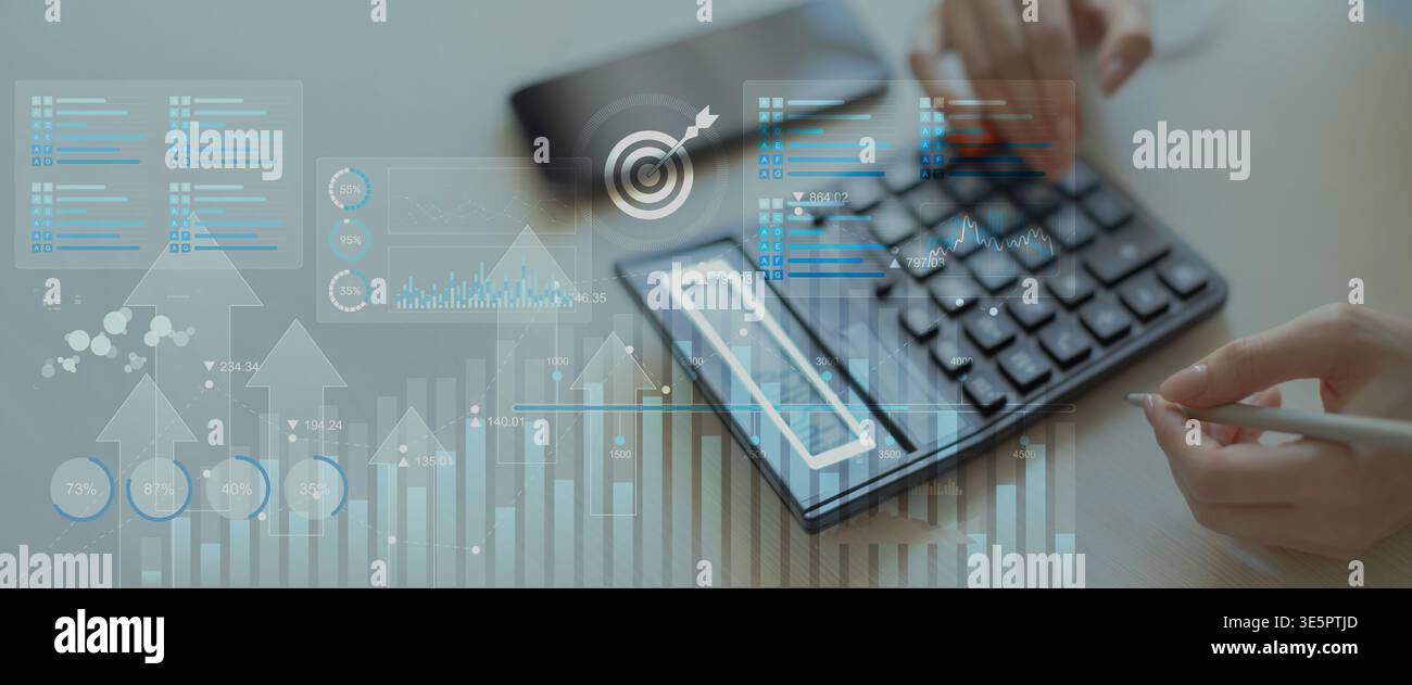 Business Data Analytics and KPI Performance Tracking Dashboard on Digital Tablet Interface. Stock Photo