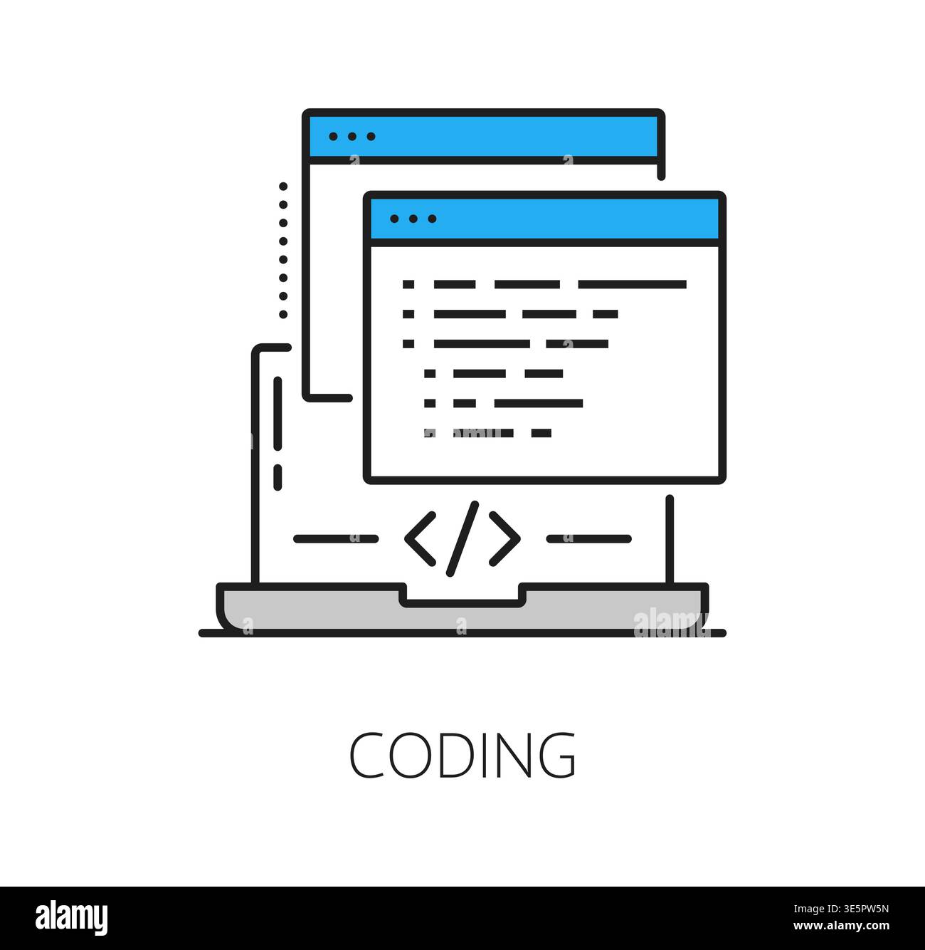 Coding icon with laptop and program code on screen. Vector software development, computer system operate and programming process outline technology sign with interface window and script elements Stock Vector