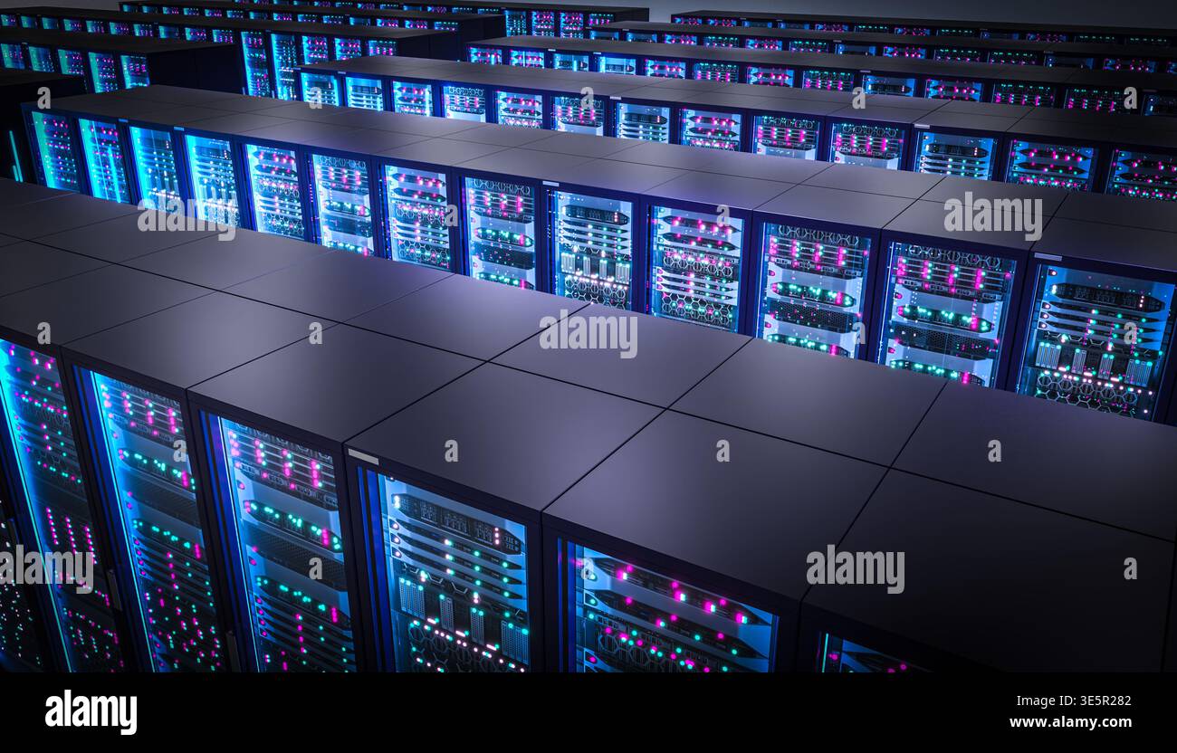 Server racks with blinking lights 3d data center Stock Photo