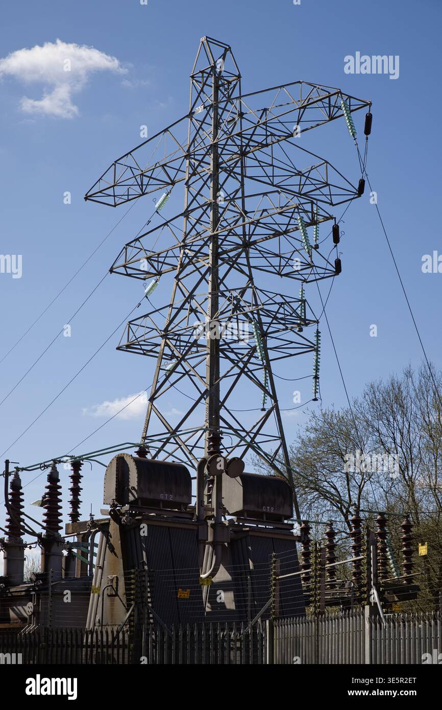 Heavy Duty Electrical Infrastructure at Radcliffe Substation, Manchester, UK. Stock Photo