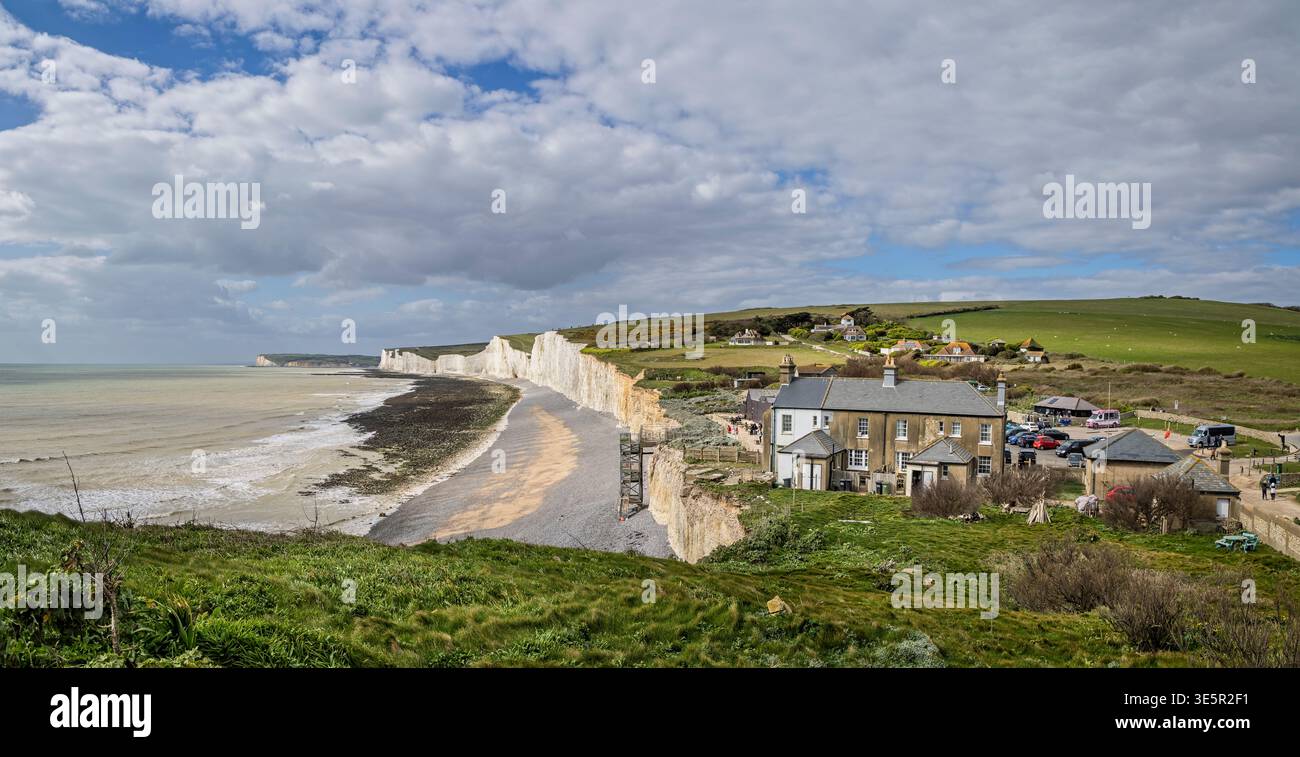 The iconic Seven Sisters Cliffs seen from the South Downs way above ...