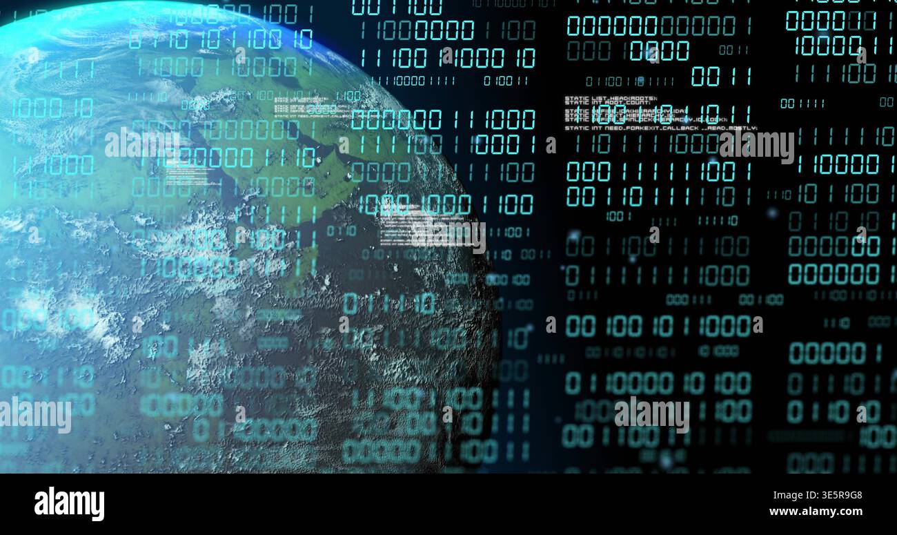 Displaying Earth-like globe occupying left side in orbit, streaming binary digits and HUD panels Stock Photo