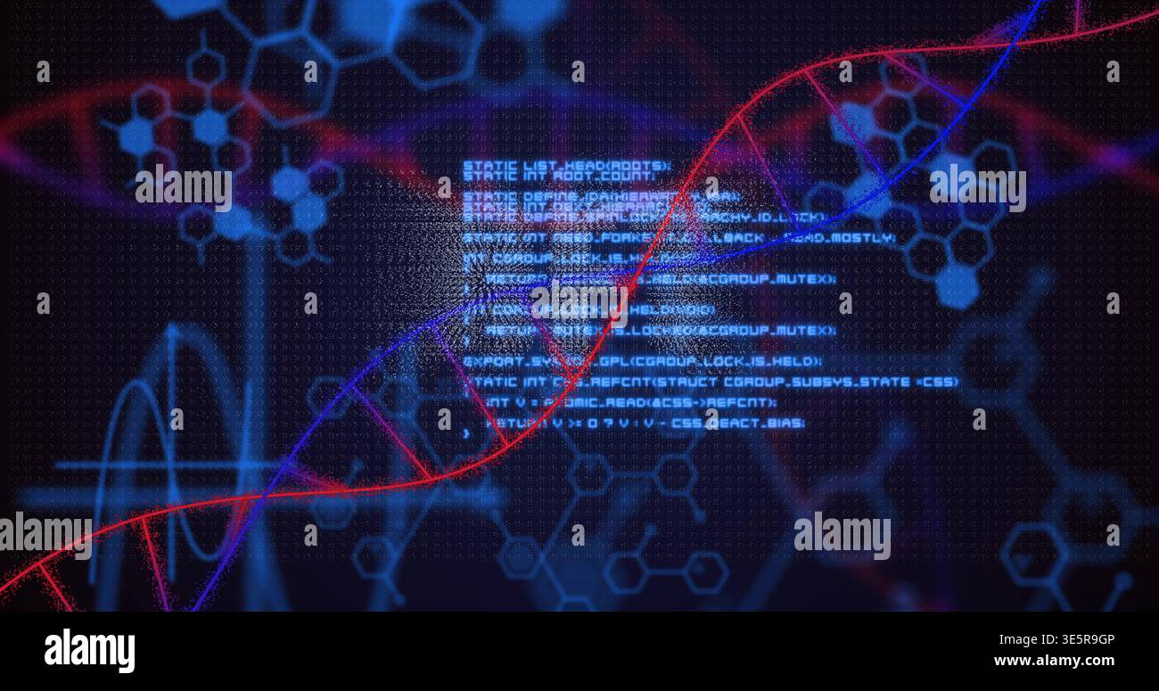 Displaying red and blue double helix crossing central code block in virtual lab, showing hexagons Stock Photo