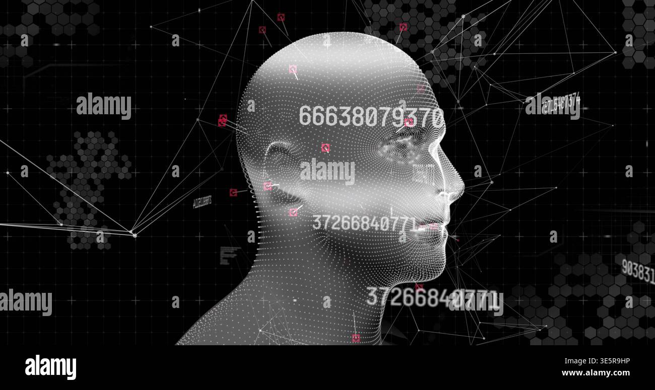 Displaying dot-mesh head facing right on hex grid with numeric tags, wireframe lines and red nodes Stock Photo