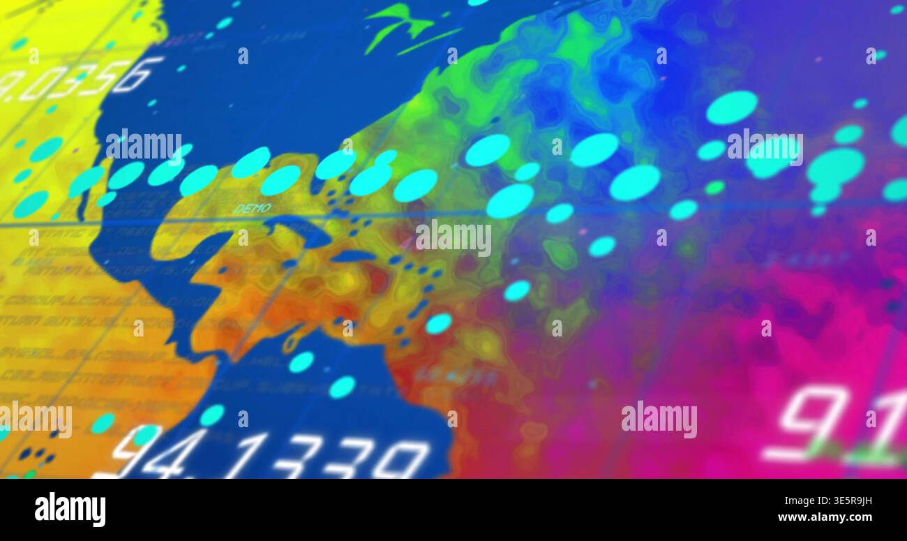 Displaying multicolor map-like shape pulsing on dashboard with cyan dots and numeric readouts Stock Photo