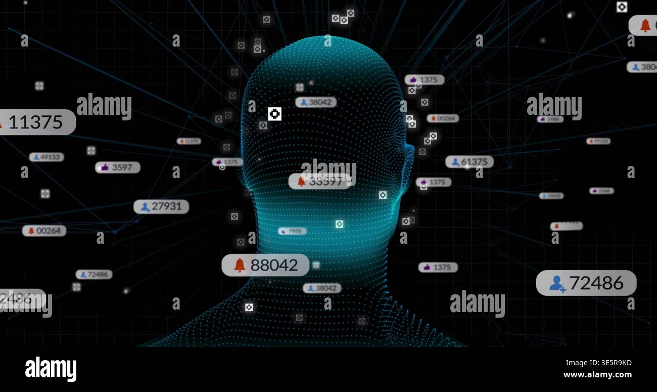 Pulsing wireframe human head emitting radial lines in virtual network, with floating numeric labels Stock Photo