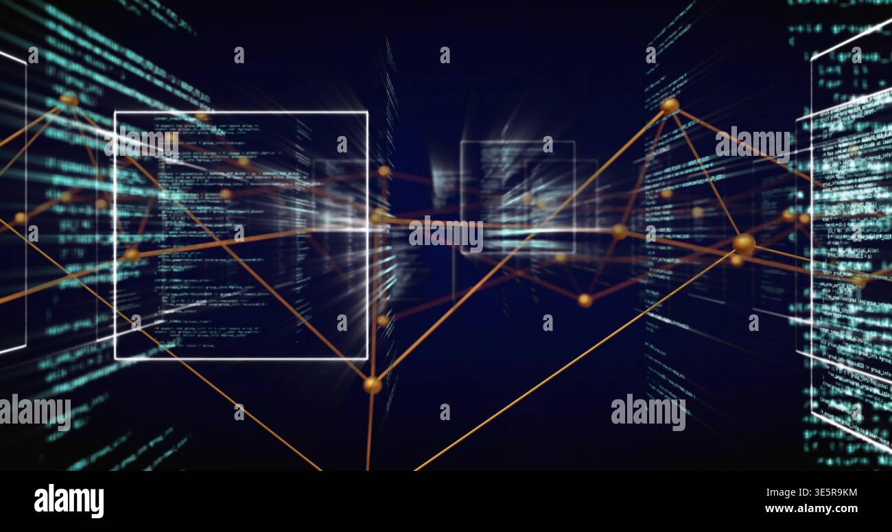 Streaming orange nodes linking with thin lines through deep 3D space, showing code panel, wireframe Stock Photo