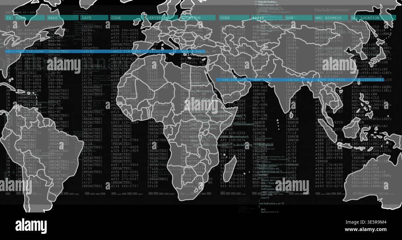 Displaying grayscale world map overlay highlighting IP code columns and teal alerts on dashboard Stock Photo