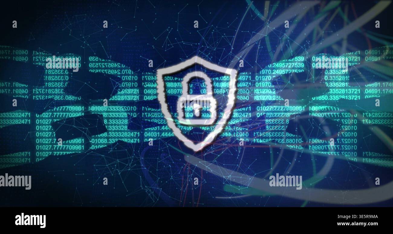 Glowing central shield with padlock icon protecting abstract digital network, with code streams Stock Photo