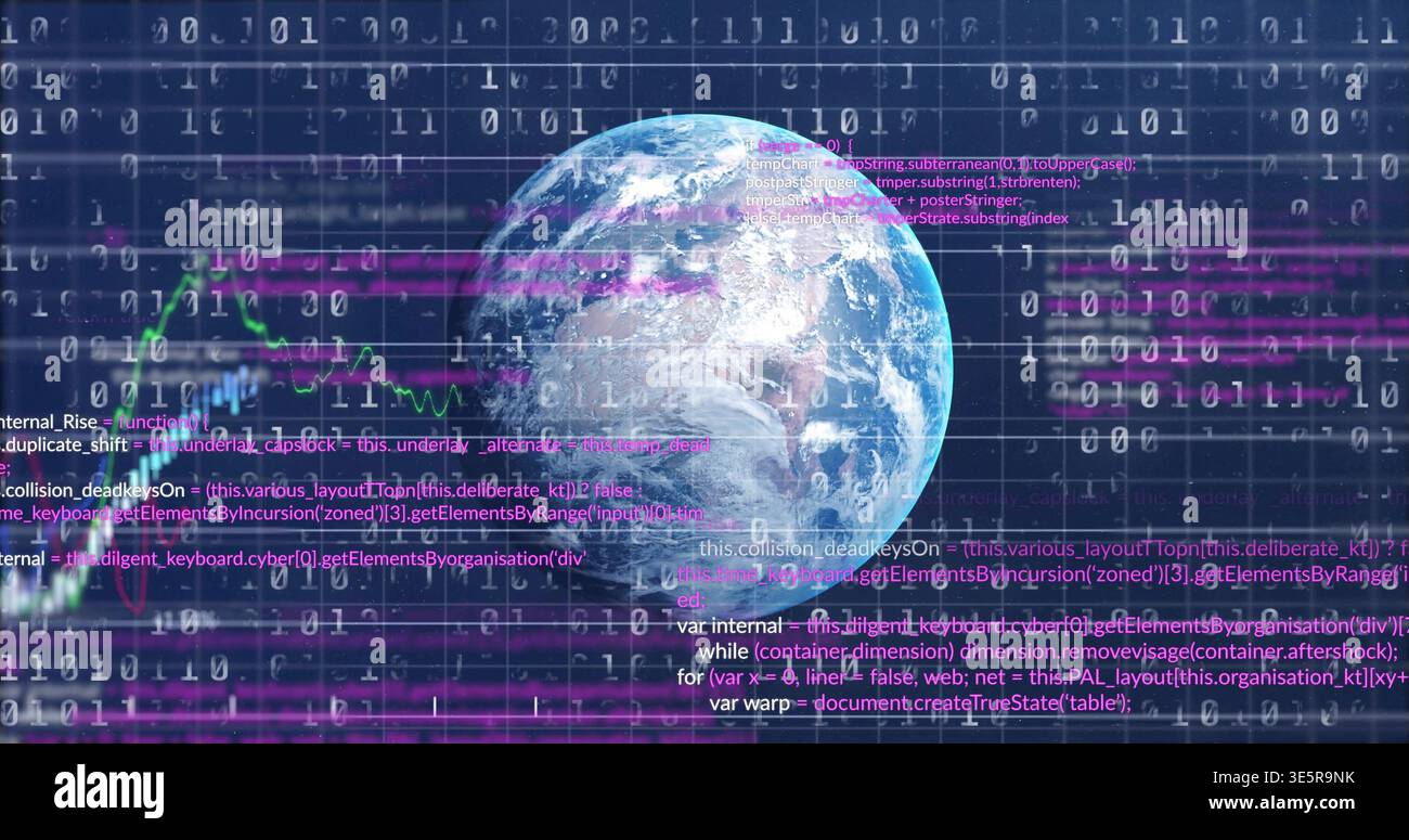 Displaying Earth globe rotating in cyber grid, with binary digits, code, magenta bands, green chart Stock Photo