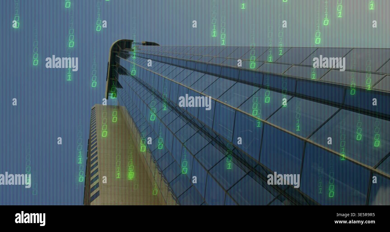 Towering blue-tinted glass skyscraper showing mullion grid in downtown, with green binary overlay Stock Photo