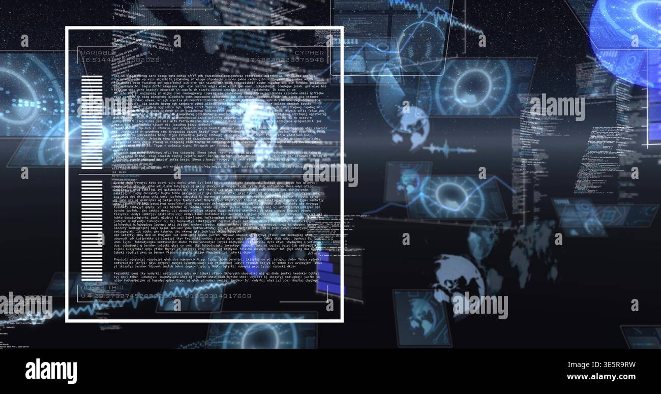 Displaying central white-framed HUD panel in 3D data space, with holographic screens, globes, code Stock Photo