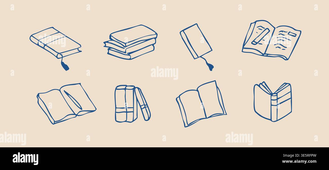 Hand drawn book doodle set with open books stack and reading icons Stock Vector