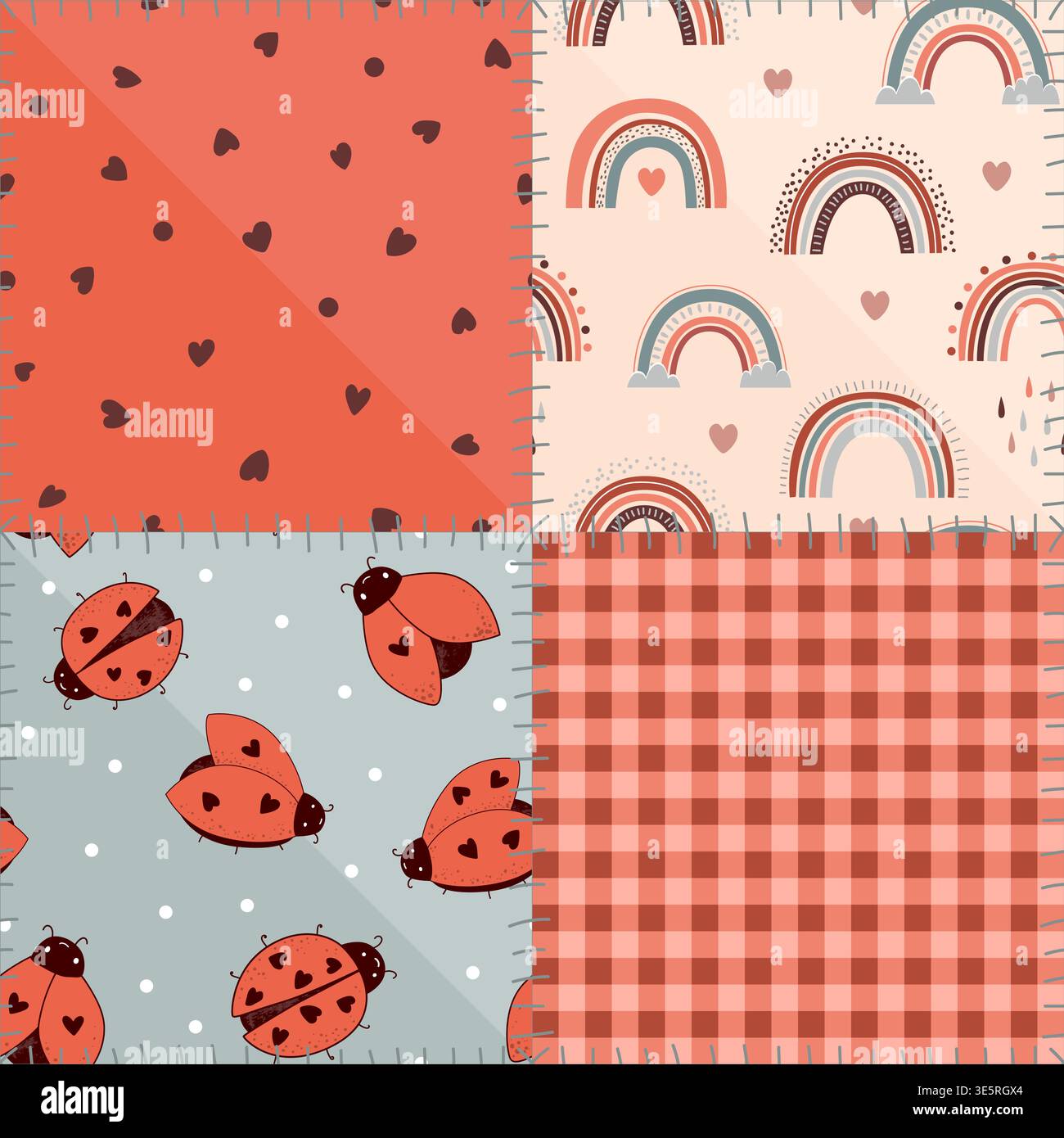 Seamless patchwork pattern with kawaii ladybugs, hearts, polka dot, gingham, and stylized sews. Vector illustration. Stock Vector