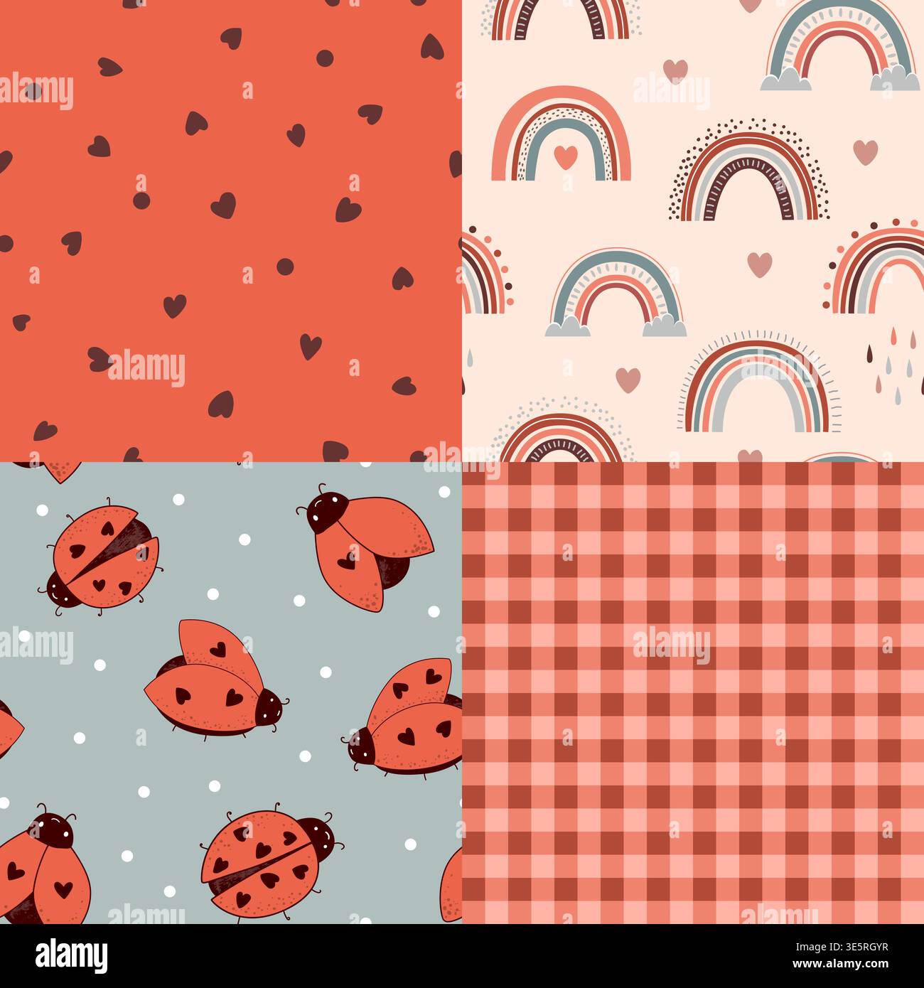 Seamless patchwork pattern with kawaii ladybugs, hearts, rainbows, gingham, and stylized sews. Vector illustration Stock Vector