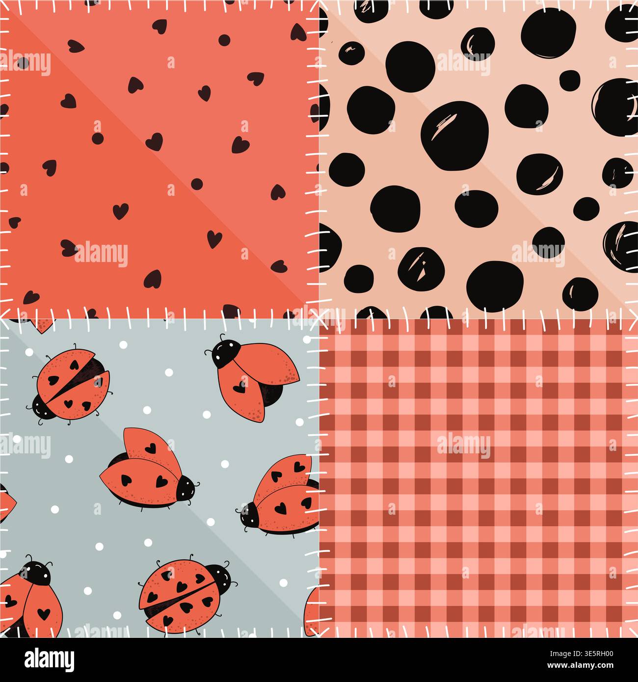 Seamless patchwork pattern with kawaii ladybugs, hearts, polka dot, gingham, and stylized sews. Vector illustration. Stock Vector