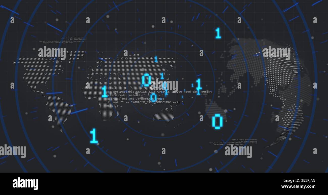 Displaying dotted world map with radar rings scanning on dashboard, showing binary digits and code Stock Photo