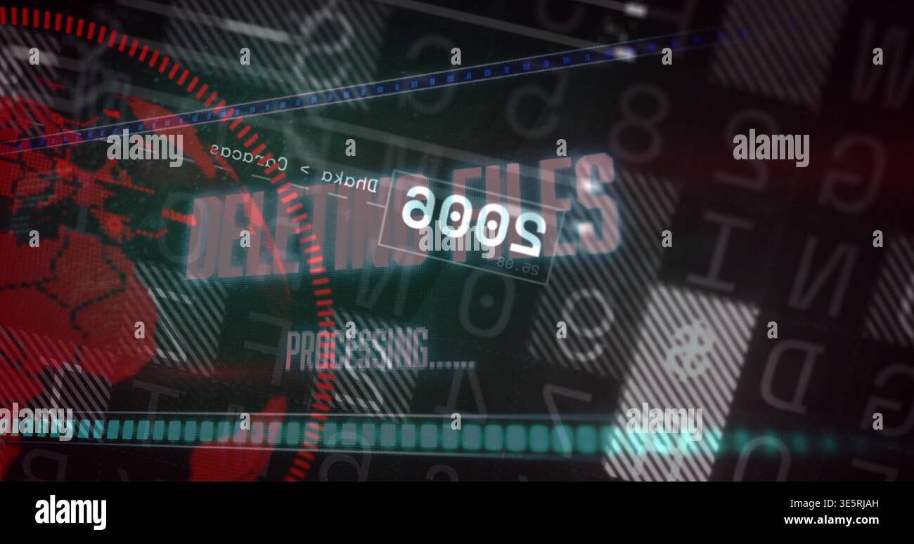 Displaying HUD panel in dark HUD, showing inverted readout, red globe, PROCESSING Stock Photo