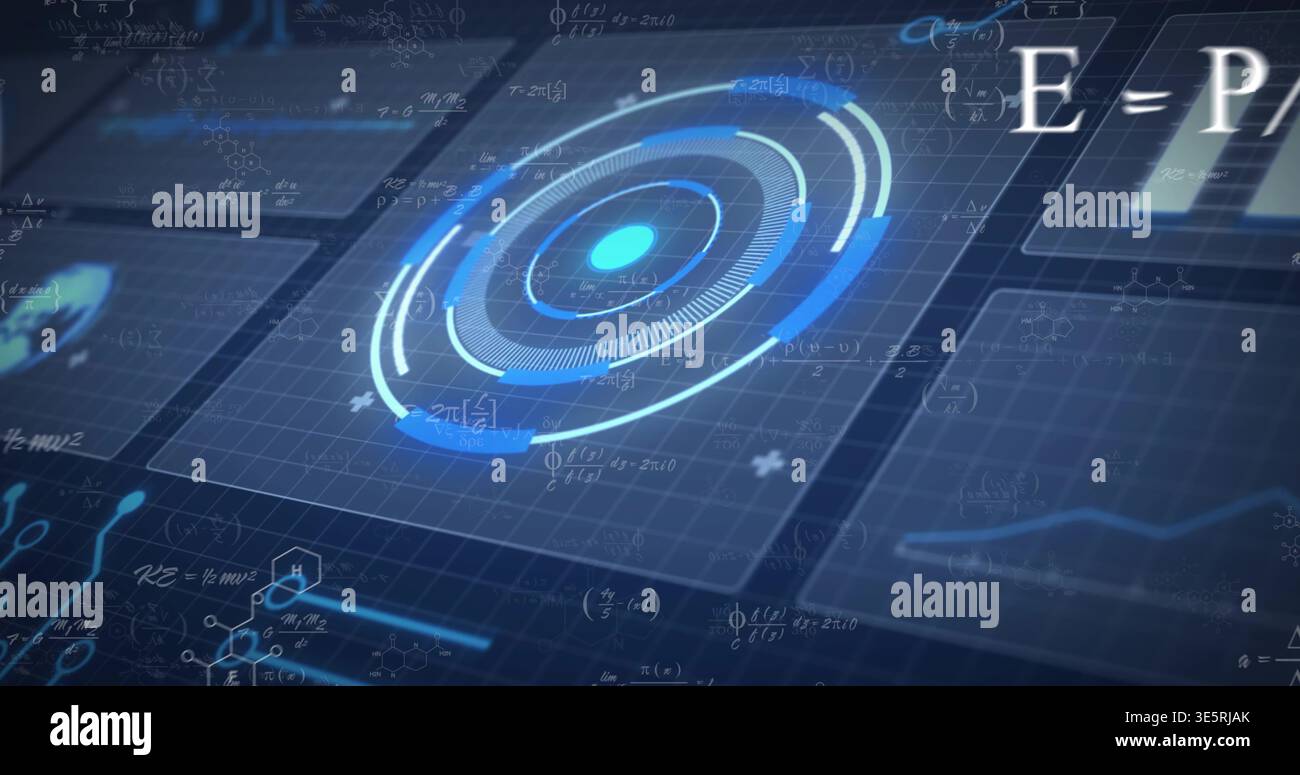 Rotating circular HUD with glowing node centering on virtual grid panels, showing rings, ticks Stock Photo