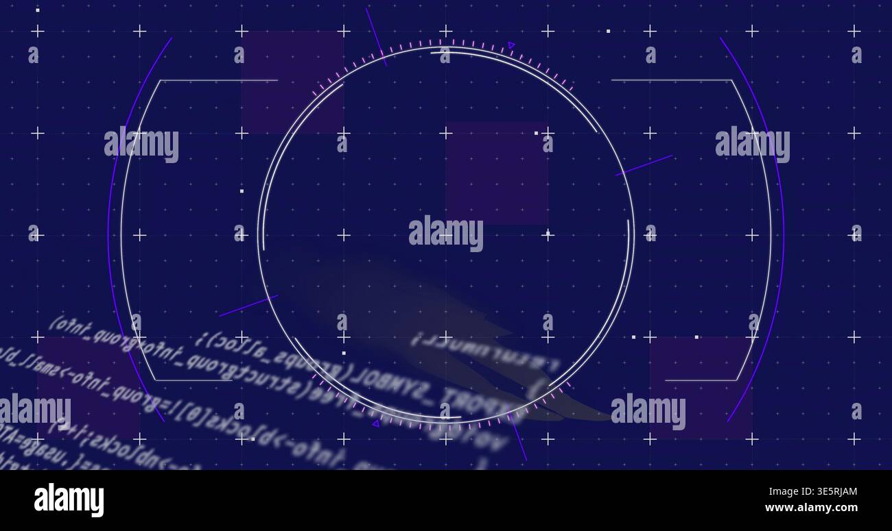 Displaying large concentric HUD ring glowing in virtual UI, plus-sign grid and blurred code Stock Photo