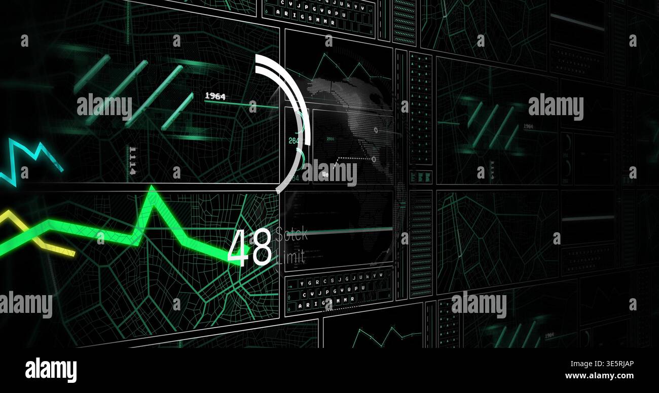 Displaying neon green zigzag graph with small yellow segment and numeric 48 on digital panel wall Stock Photo