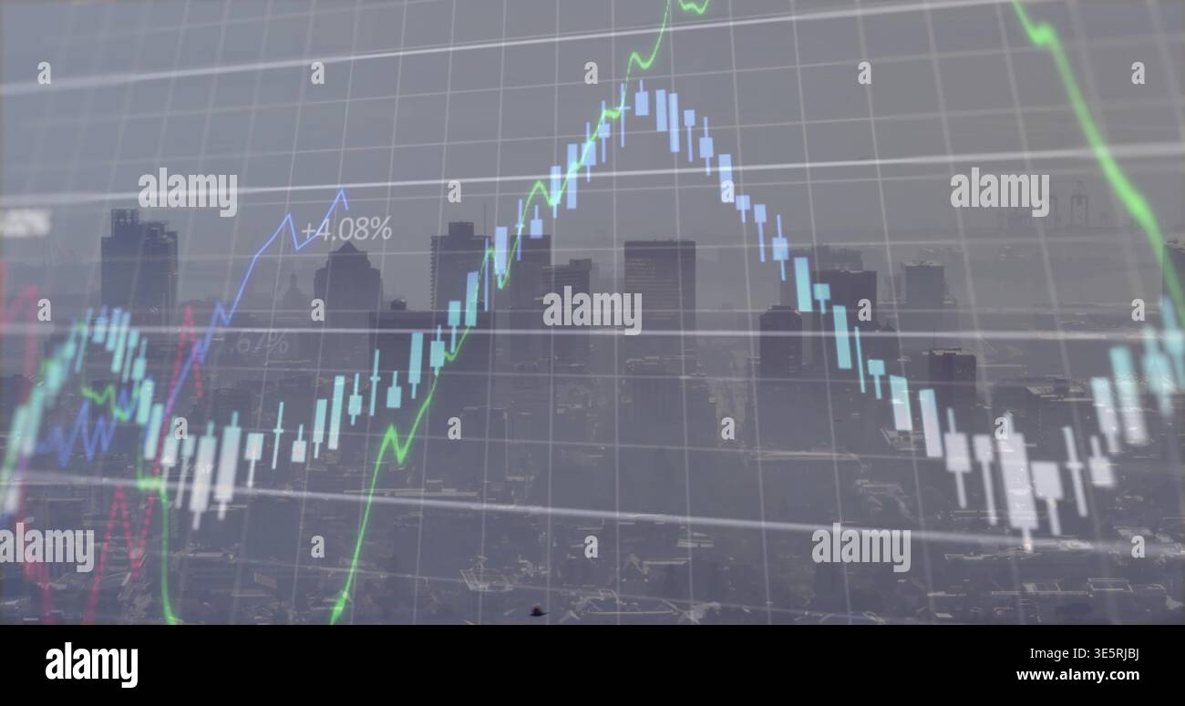 Displaying candlestick chart over city skyline, showing +4 Stock Photo