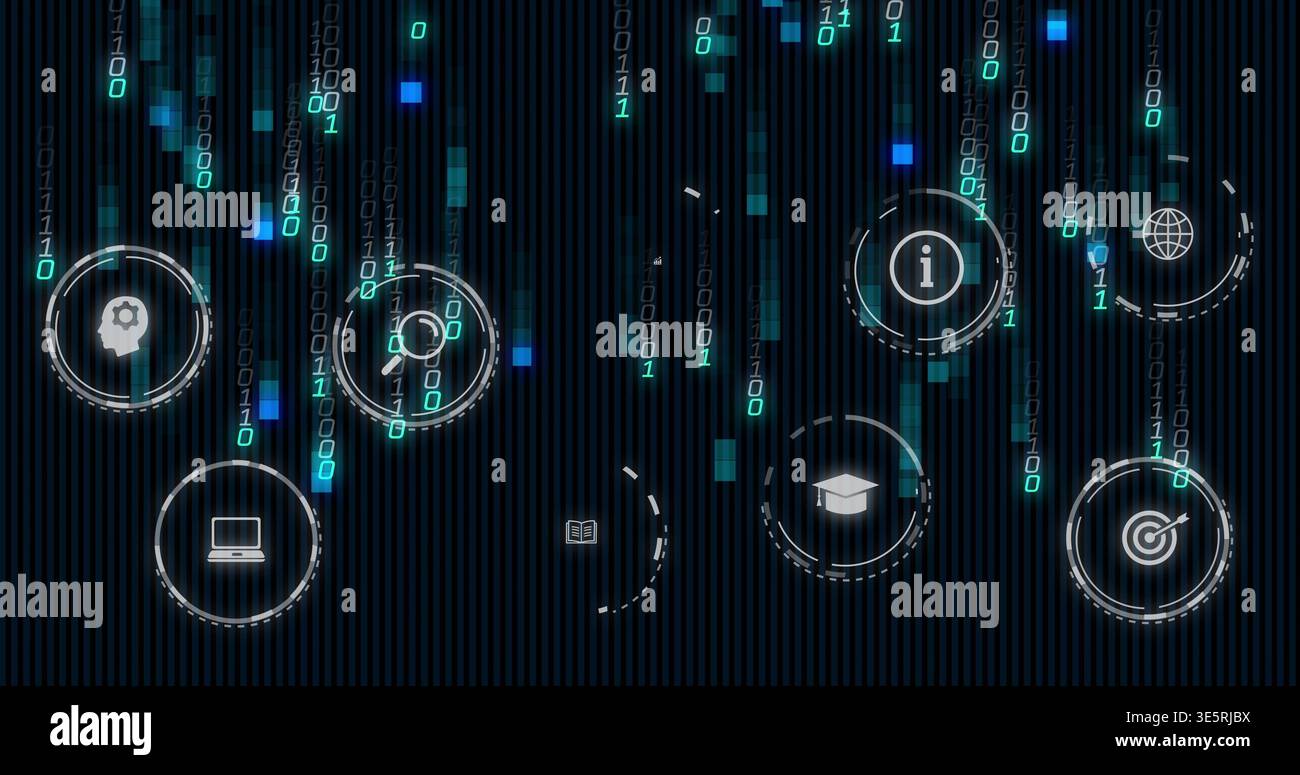 Streaming circular UI icons and binary digits moving on dark striped backdrop, with glowing pixels Stock Photo
