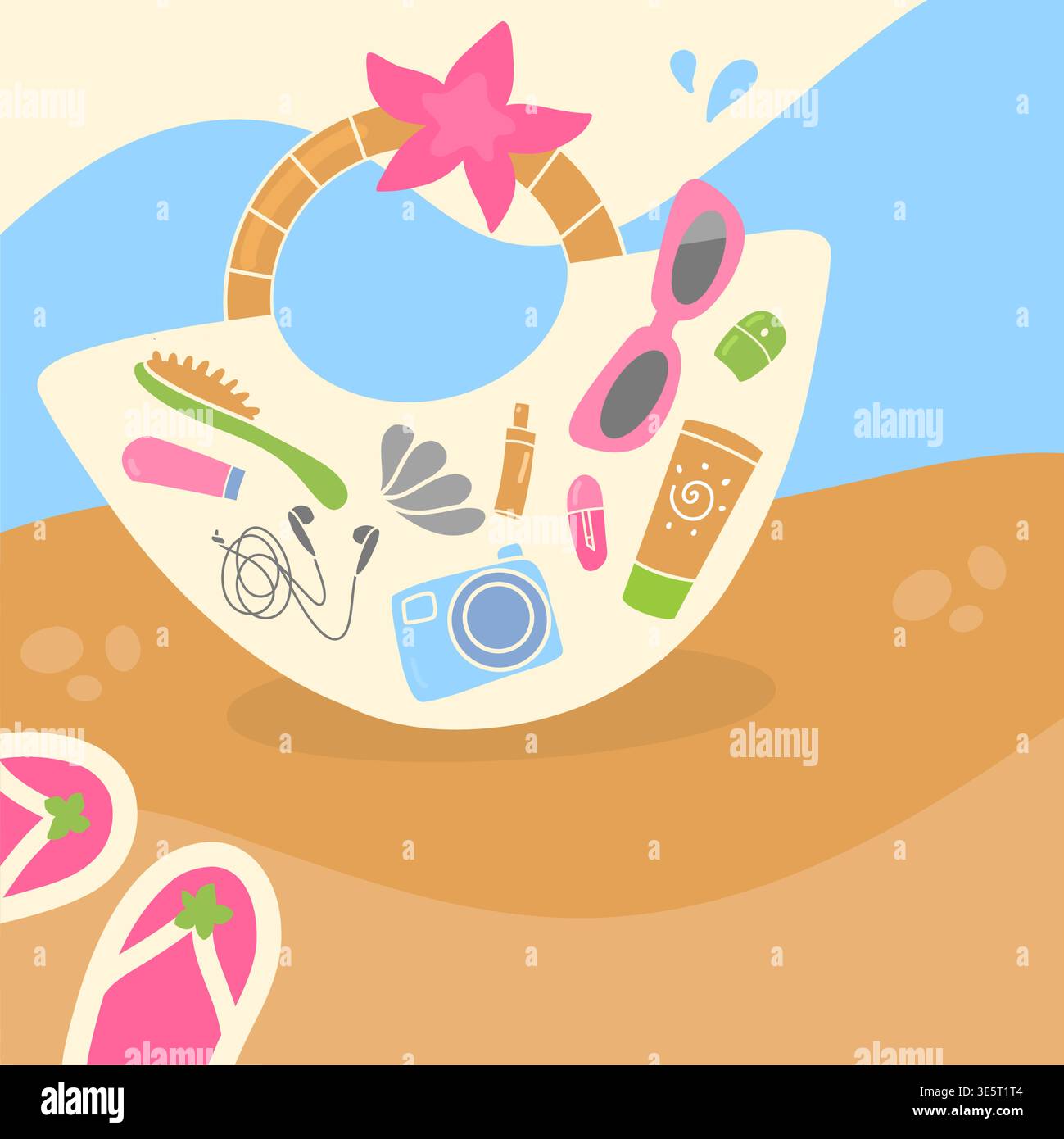 Minimal beach scene with tote bag and summer accessories illustration Stock Vector