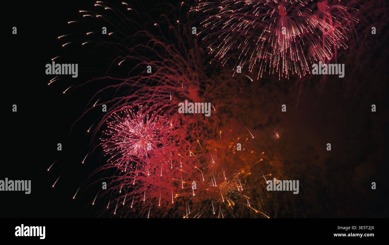 Colorful fireworks exploding in the night sky during a celebration Stock Photo