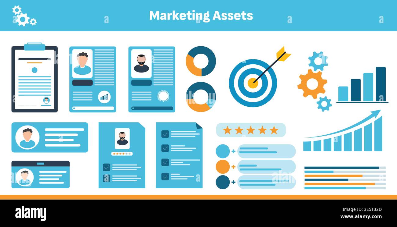 Flat design marketing assets banner with UI cards, target, charts ...