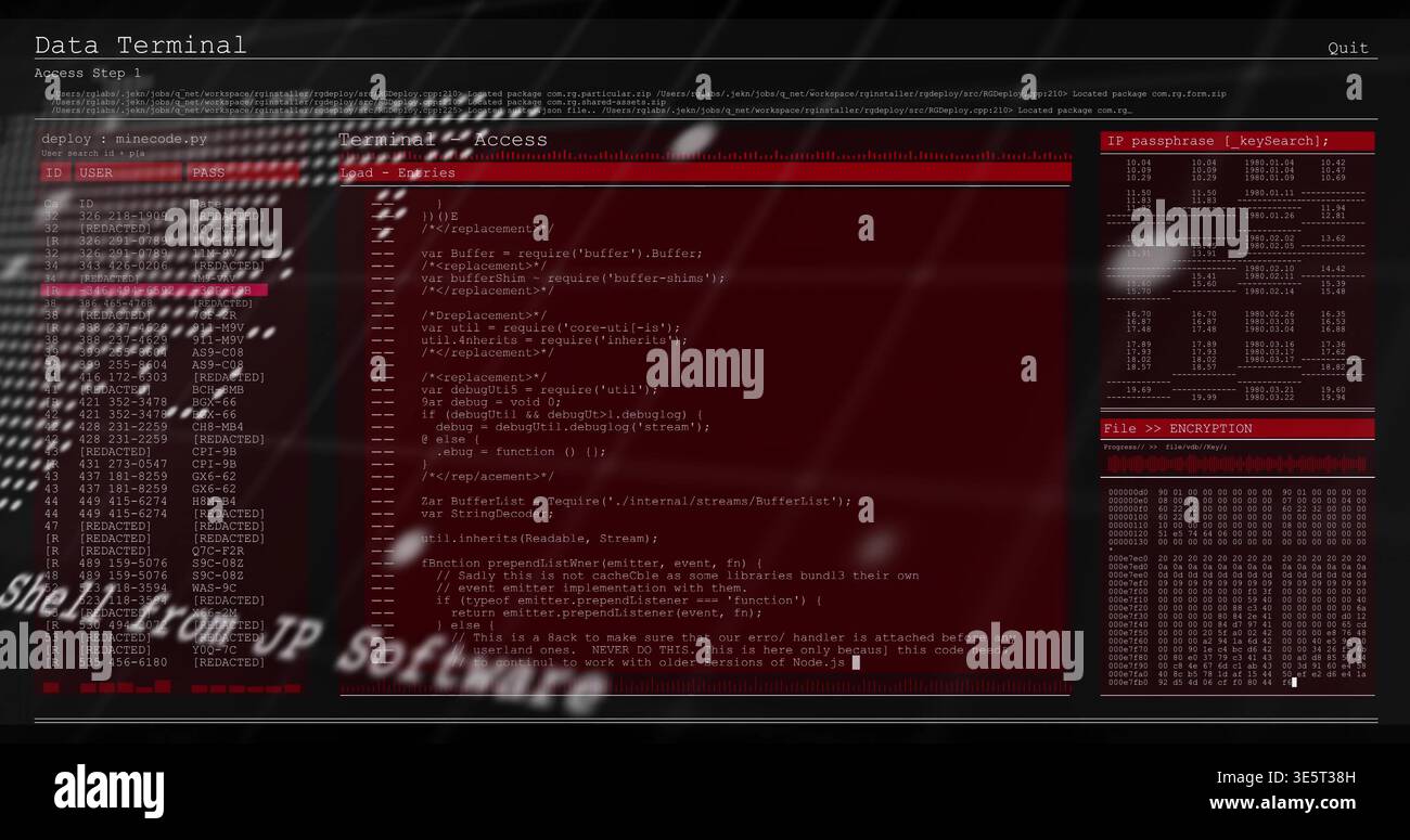 Displaying data terminal UI showing red console with code, left ID list, right encryption table Stock Photo