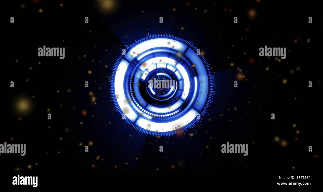Glowing concentric-ring interface, central lens floating in dark void, displaying blue-white arcs Stock Photo