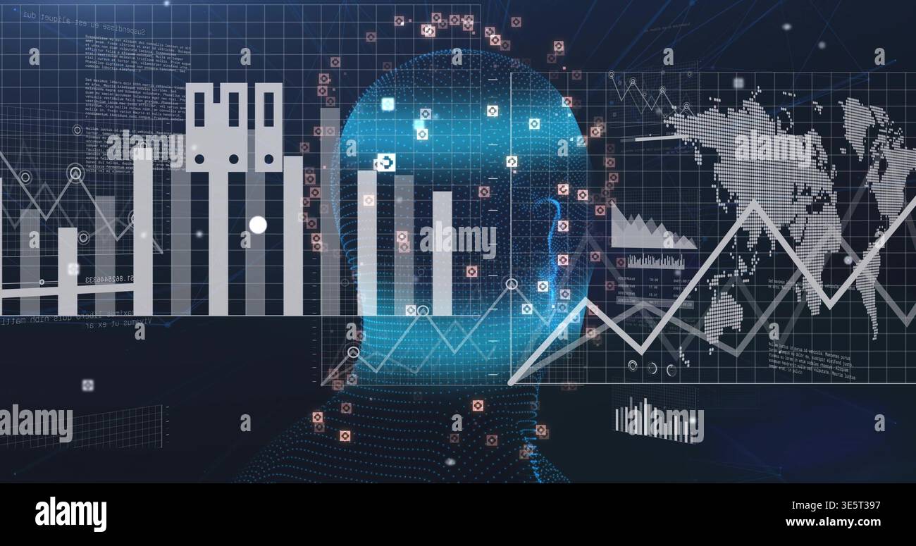 Displaying translucent dotted head processing global data on dark grid, with pixelated map Stock Photo